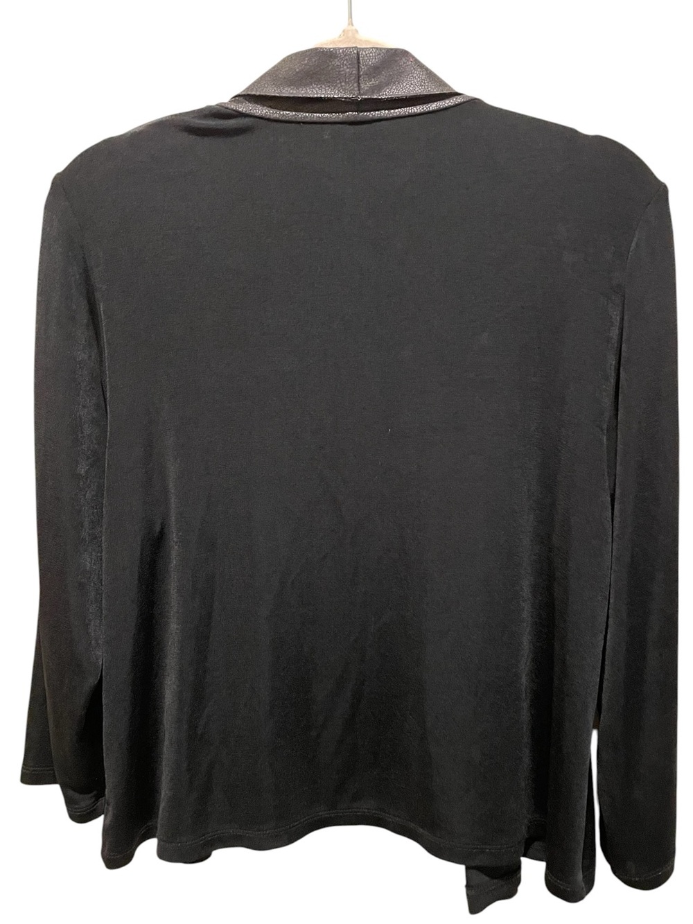 Chicos Travelers Jacket Black Faux Leather Draped Open Front 3/4 sleeve. Size 12 - Picture 2 of 9